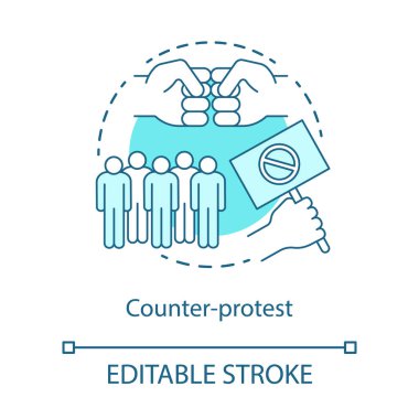 Karşı protesto kavramı simgesi. Kamu çatışma, anlaşmazlık tezahürü fikir ince çizgi illüstrasyon. El tutan pankart, yumruklar ve kalabalık vektör izole anahat çizim. Kullanılabilir kontur