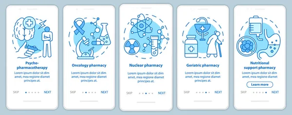 Pantalla de página de la aplicación móvil incorporada en la rama de farmacia con conceptos lineales. Investigación de drogas nucleares y oncológicas. Apoye la medicina. Cinco pasos guía instrucciones gráficas. UX, interfaz de usuario, plantilla de vector GUI — Archivo Imágenes Vectoriales