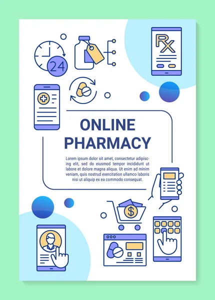 Drugstore eshopping layout modello poster. Consulente di farmacia online. Banner, libretto, stampa volantino con icone lineari. Schemi vettoriali di opuscoli per riviste, volantini pubblicitari — Vettoriale Stock