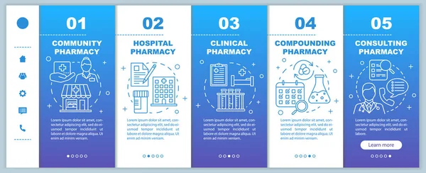 Pharmacy types, branches onboarding mobile web pages vector template. Responsive smartphone website interface idea with linear illustrations. Webpage walkthrough step screens. Color concept — ストックベクタ