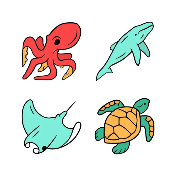 水下世界颜色图标设置。游泳章鱼，鱿鱼，海龟，鲸鱼。海洋动物，海底野生动物。动物学和海洋动物。水生生物。水有机体。隔离矢量插图 — 图库矢量图片