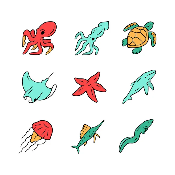 Sea animals color icons set. Swimming octopus, starfish, squid, jellyfish. Marine aquarium. Whale, skate, turtle. Underwater world inhabitants. Floating mollusk and fish. Isolated vector illustrations — Stock Vector