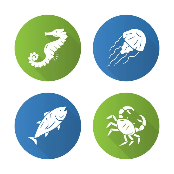 Conjunto de iconos de glifo de sombra largo de diseño plano de animales marinos. Atún nadador, cangrejo, caballito de mar, medusas. Menú restaurante de mariscos. Fauna marina. Habitantes del mundo submarino. Ilustración de silueta vectorial — Vector de stock