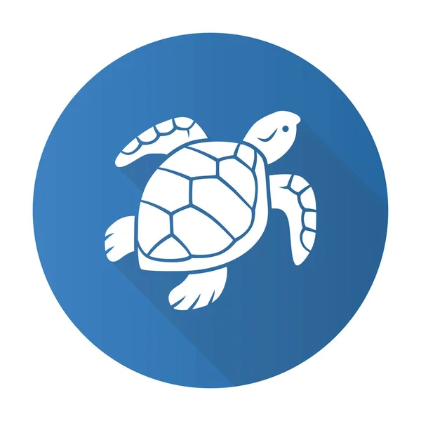 Turtle kék lapos kialakítás hosszú árnyék karakterjel ikonra. Lassan mozgó hüllő a pikkelyes héj. Víz alatti víziállat. Úszás óceán teremtmény. Oceanográfia és zoológia. Vektor sziluettje illusztráció — Stock Vector
