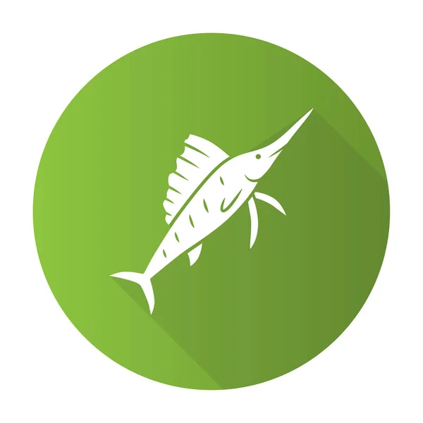 Vitorláshal zöld lakás design hosszú árnyék karakterjel ikonra. Úszóhal — Stock Vector