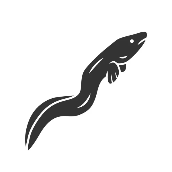 Icono del glifo de la anguila. Peces flotantes de serpiente. Animal marino submarino. Marisco asiático, ingrediente de sushi. Criatura en forma de serpiente nadando en el océano. Símbolo de silueta. Espacio negativo. Ilustración aislada vectorial — Archivo Imágenes Vectoriales