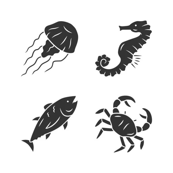 Zee dieren glyph icons set. Zwemmen tonijn, krab, seahorse, kwallen. Seafood restaurant menu. Mariene fauna. Onderzeese wereldbewoners. Silhouet symbolen. Vector geïsoleerde illustratie — Stockvector