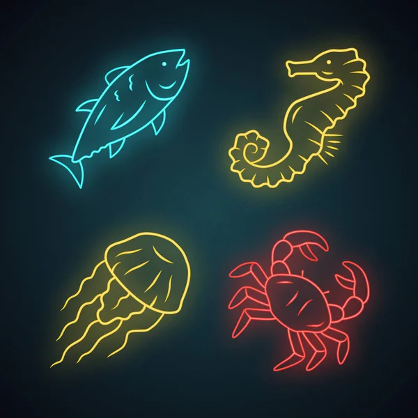 Conjunto de iconos de luz de neón animales marinos. Atún nadador, cangrejo, caballito de mar , — Vector de stock