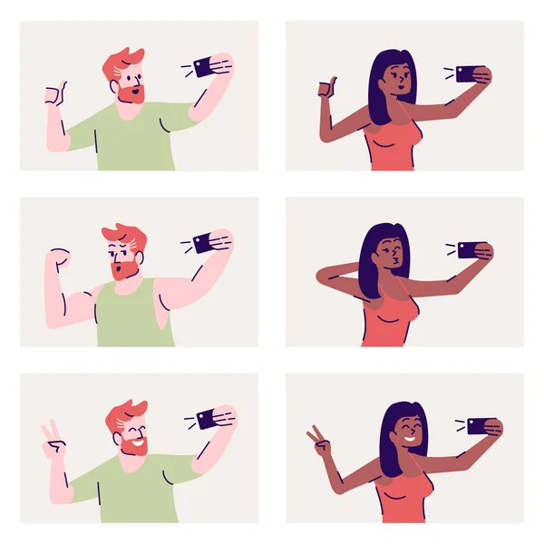Selfie představuje ploché vektorové ilustrace. Šťastný muž a žena si berou vlastní fotku. Usmívající se lidé využívající fotografii mobilního telefonu. Vytváření autoportrétu ve smartphone, izolované kreslené znaky — Stockový vektor