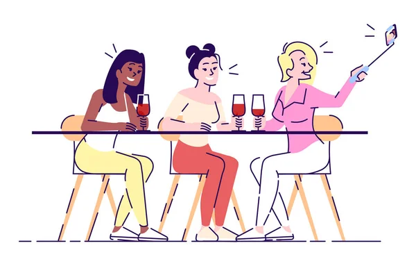 Illustrazione vettoriale piatta selfie. Tre donne sorridenti a tavola con bicchieri di vino che si fotografano da sole sulla fotocamera dello smartphone. Incontro di amici. Gallina-partito isolato personaggio dei cartoni animati su sfondo bianco — Vettoriale Stock