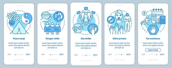 Manifestation non violente à l'écran de page de l'application mobile avec des concepts linéaires. Étapes de démonstration publique paisibles instructions graphiques. Modèle vectoriel UX, UI, GUI avec illustrations — Image vectorielle