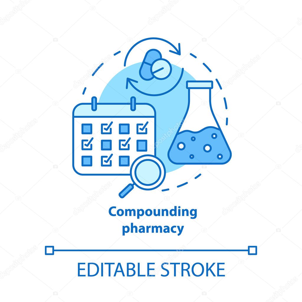 Compounding pharmacy concept icon. Personalized medications idea thin line illustration. Medication treatment schedule. Drugs mixing, compatibility. Vector isolated outline drawing. Editable stroke