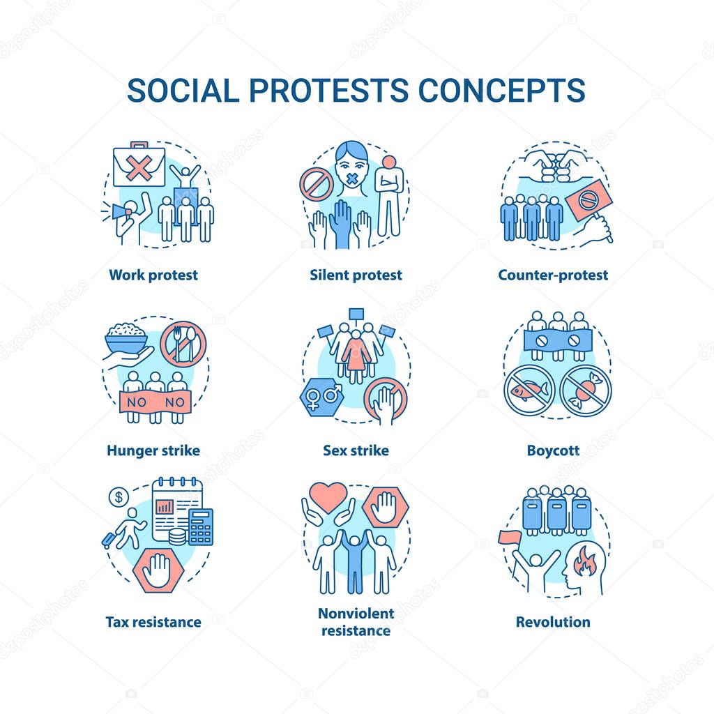 Social protests concept icons set. Public demonstrations, civil disobedience idea thin line illustrations. Political resistance, strikes and boycotts vector isolated outline drawings. Editable stroke