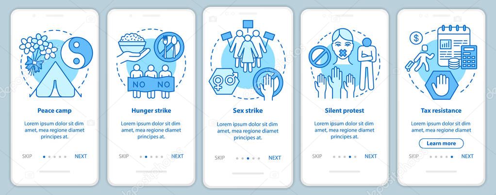 Nonviolent protest onboarding mobile app page screen with linear concepts. Peaceful public demonstration walkthrough steps graphic instructions. UX, UI, GUI vector template with illustrations