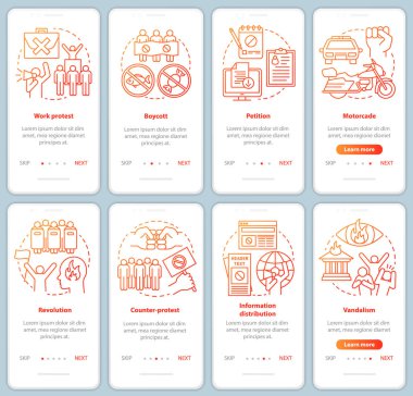 Public protest onboarding mobile app page screens vector templat