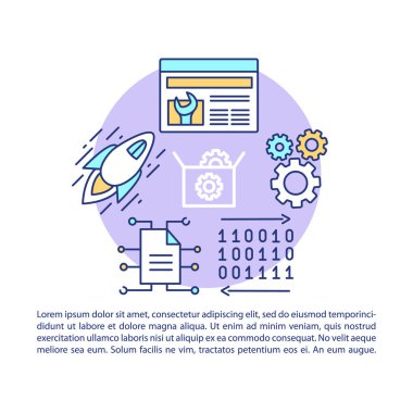 Web geliştirme makalesi sayfa vektör şablonu. İkili sistem. Yazılım programlama. Broşür, dergi, kitapçık tasarım elemanı, doğrusal simgeler, metin kutuları. Baskı tasarımı. Kavram illüstrasyon, metin alanı