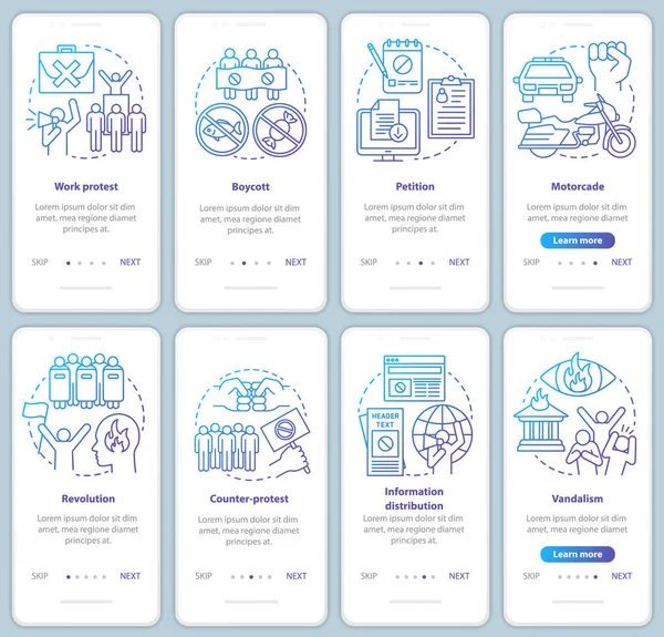 Social protest onboarding mobile app page screens vector templat — ストックベクタ