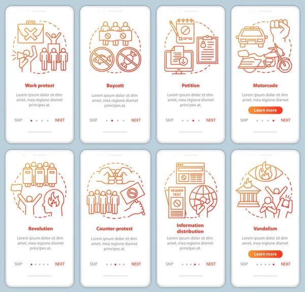 Public protest onboarding mobile app page screens vector templat