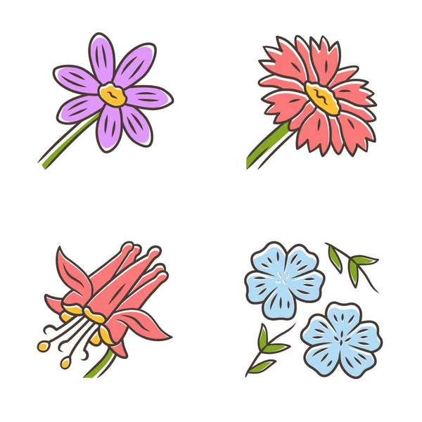 Wilde bloemen kleur icons set. Coreopsis, Crimson Columbine, blauwe vlas, deken bloem. Bloeiende wilde bloemen. Lente bloesem. Weide kruid planten. Geïsoleerde Vector illustraties — Stockvector