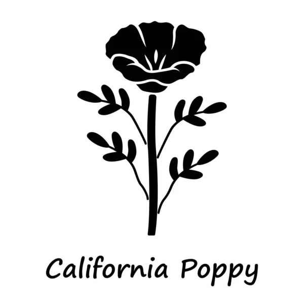 California poppy glyph icon. Papaver rhoeas with name inscription. Corn rose blooming wildflower. Herbaceous plants. Field common poppy. Silhouette symbol. Negative space. Vector isolated illustration — Stock Vector