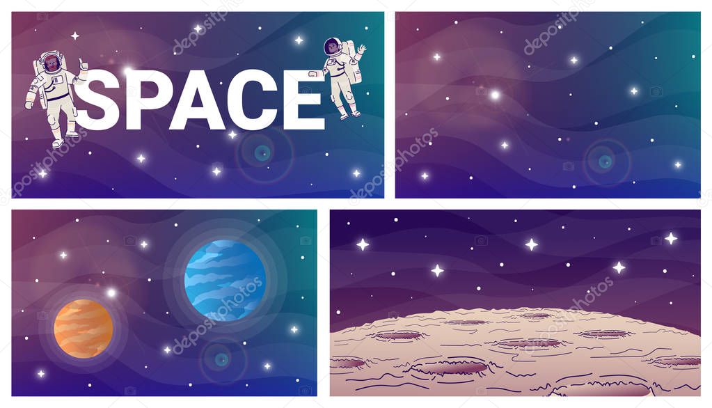 Space flat vector illustrations set. Moon and gas giants. Stars and planet in cosmos backdrop design. Celestial bodies. Cosmonauts cartoon characters with outline elements on gradient background