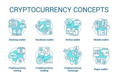 Cryptocurrency kavramı mavi simgeler ayarlayın. Dijital varlık fikri ince çizgi çizimler. Çevrimiçi, masaüstü cüzdan. Finansal işlem. Bitcoin değişimi. Vektör yalıtılmış anahat çizimleri. Kullanılabilir kontur