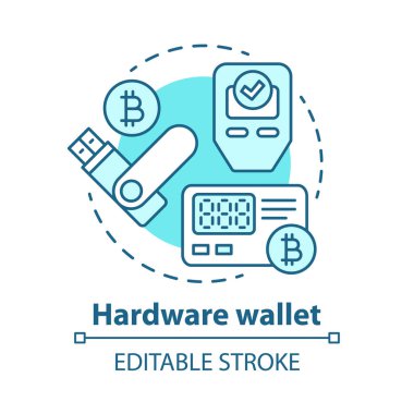 Donanım cüzdan mavi kavram simgesi. Depolama aygıtı fikir ince çizgi illüstrasyon özel tuşları depolama. Çevrimiçi işlem. Bitcoin cüzdanı. Vektör yalıtılmış anahat çizimi. Kullanılabilir kontur