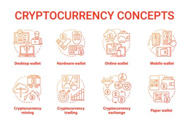 Cryptocurrency kırmızı kavram simgeleri ayarlayın. Dijital varlık fikri ince çizgi çizimler. Masaüstü, donanım cüzdanı. Finansal işlem. Bitcoin değişimi. Vektör yalıtılmış anahat çizimleri