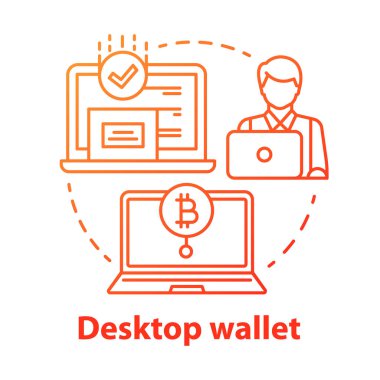 Masaüstü cüzdan kırmızı konsept simgesi. E ödeme fikri ince çizgi illüstrasyon. Kişisel bilgisayarda elektronik cüzdan uygulaması. Banka hesabı dijital uygulaması. Vektör izole anahat çizim