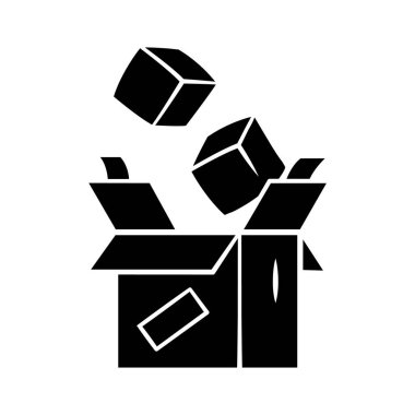 Parsel ambalaj glyph simgesi. Sipariş paketleme. Mallarla dolu karton kutu. Posta servisi. Paket teslim sandığı. Karton kutular. Siluet sembolü. Negatif boşluk. Vektör izole illüstrasyon