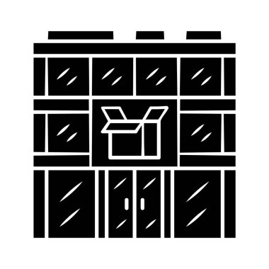 Postane binası glyph simgesi. Posta deposu tesisleri. Teslimat ofisi. Sipariş nakliye. Sevkiyat servisi. Parsel depolama. Siluet sembolü. Negatif boşluk. Vektör izole illüstrasyon