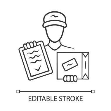 Paket teslimat lineer simgesi. Kurye servisi. Paket teslimi. Kutu ve faturalı teslimatçı. Postacı karton paket tutuyor. Kontur sembolü. Vektör yalıtılmış anahat çizimi. Kullanılabilir kontur
