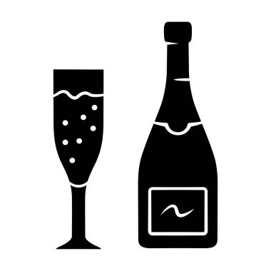 Şampanya glyph simgesi. Mantarsız şişe ve flüt kadeh köpüklü şarap. Kabarcıklı içecek. Champaign. Yıldönümü, doğum günü içkisi. Siluet sembolü. Negatif boşluk. Vektör izole illüstrasyon