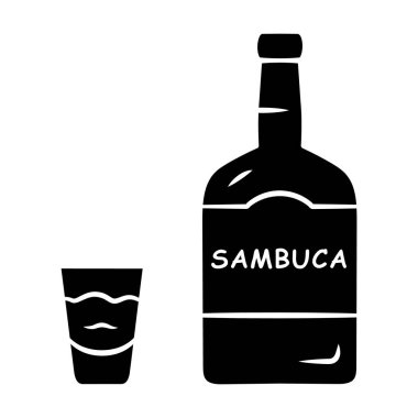 Sambuca glyph icon. Bottle and shot glass with drink. Italian anise-flavoured liqueur. Alcoholic beverage for cocktails, straight. Silhouette symbol. Negative space. Vector isolated illustration vector Sambuca glyph icon. Bottle and shot glass with drink. Italian anise-flavoured liqueur. Alcoholic beverage for cocktails, straight. Silhouette symbol. Negative space. Vector isolated illustration vector