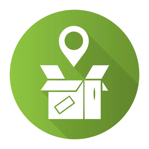 Parcel tracking green flat design long shadow glyph icon. Package location monitoring. Order status postal tracking. Delivery service. Cardboard box with map pin. Vector silhouette illustration