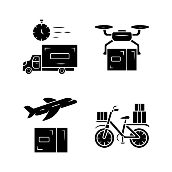 Juego Iconos Glifo Entrega Servicio Envío Drone Avión Entrega Bicicletas — Vector de stock