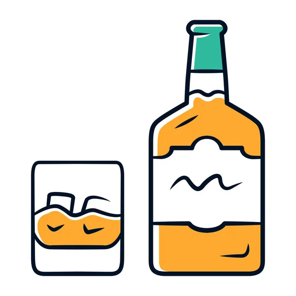 威士忌橙色图标 瓶子和老式的玻璃杯 饮料和冰 苏格兰威士忌 朗姆酒用于鸡尾酒的蒸馏酒精饮料 白兰地 波旁隔离矢量插图 — 图库矢量图片
