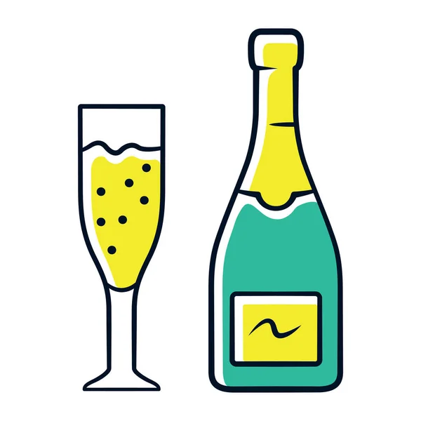 シャンパングリーンのカラーアイコン スパークリングワインのコルクなしボトルとフルートグラス 休日のお祝いのための陽気な飲み物 シャンペーン 記念日 誕生日の飲み物 分離ベクトル図 — ストックベクタ