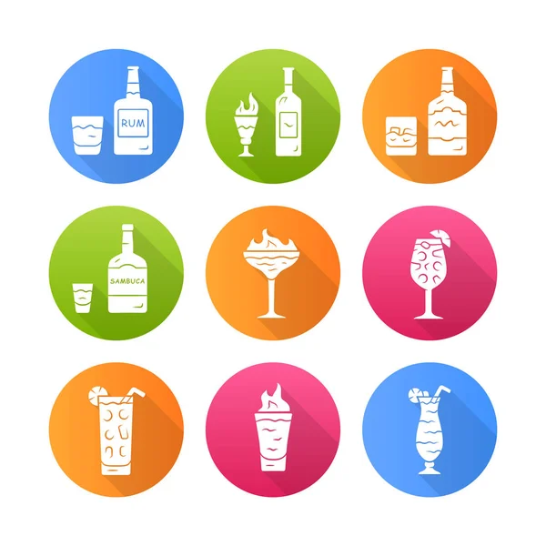 Drinks Flat Design Long Shadow Glyph Icons Set Rum Absinthe — Stock Vector