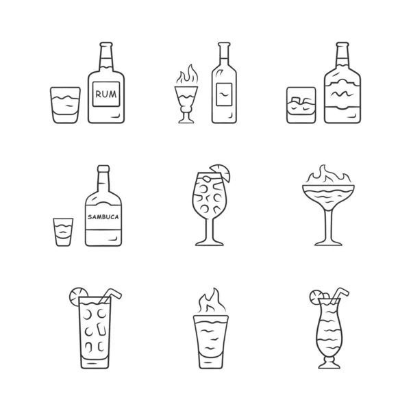 Getränke Lineare Symbole Gesetzt Rum Absinth Whiskey Sambuca Sangria Hurrikan — Stockvektor