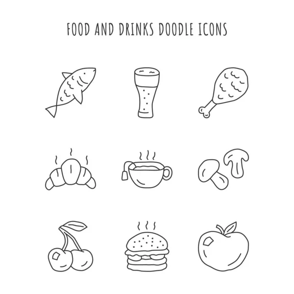 食品和饮料线性图标设置 鸡腿和啤酒 饮食细线轮廓符号 克罗桑 热茶和蘑菇孤立的载体轮廓插图 可编辑描边 — 图库矢量图片