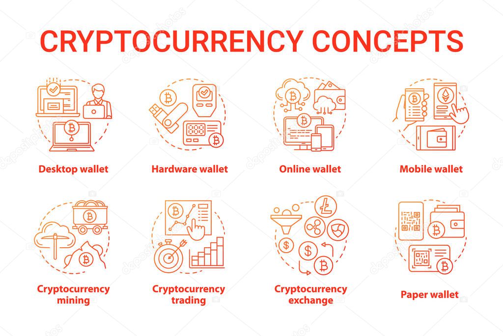 Cryptocurrency red concept icons set. Digital asset idea thin line illustrations. Desktop, hardware wallet. Financial transaction. Bitcoin exchange. Vector isolated outline drawings