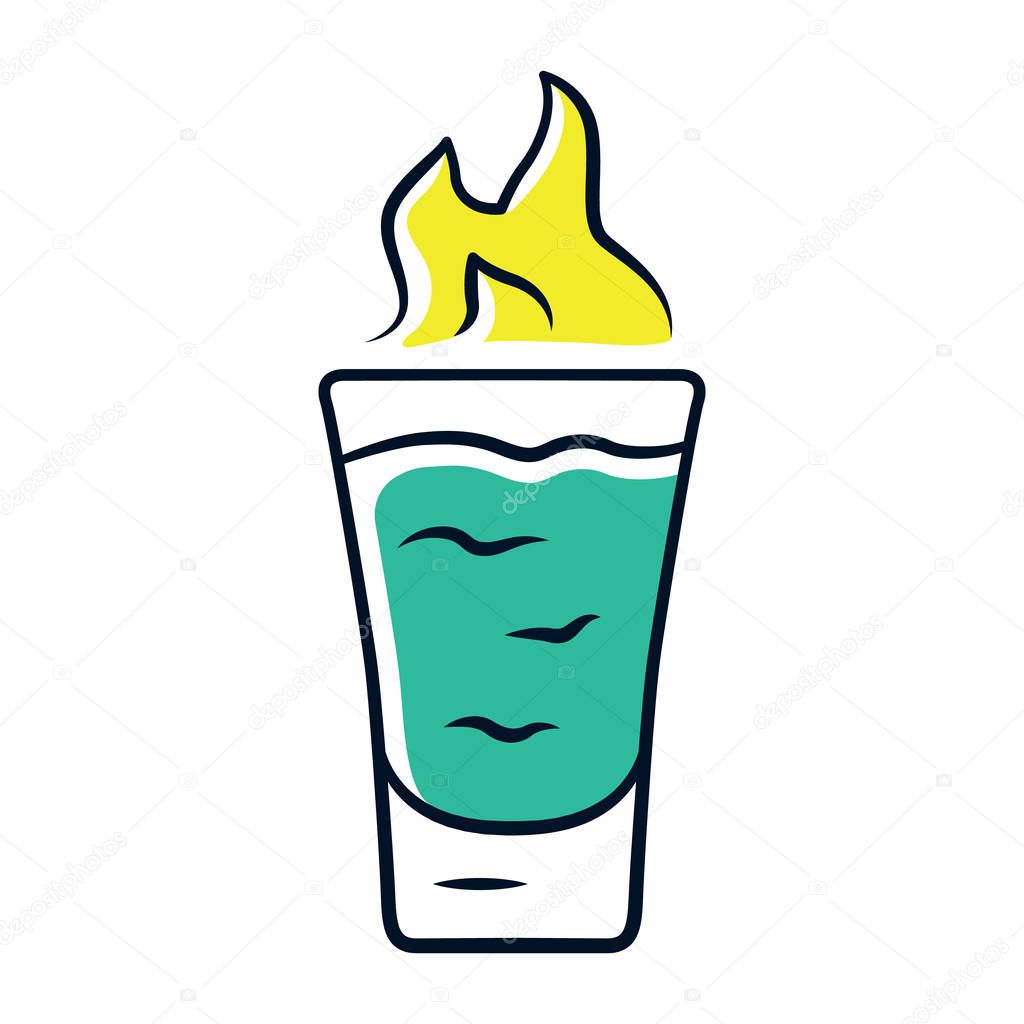 Flaming shot green color icon. Glass with beverage and burning fire. Drink with flammable high-proof alcohol. Absinthe. Isolated vector illustration
