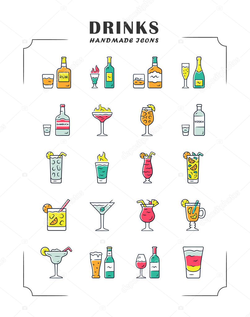 Drinks color icons set. Alcohol menu card. Beverages for cocktails. Whiskey, rum, wine, martini, margarita, absinthe. Refreshing and warming spirit containing liquors. Isolated vector illustrations