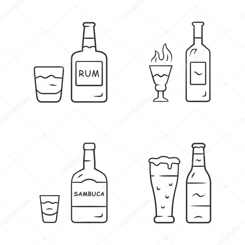 Drinks linear icons set. Rum, absinthe, sambuca, beer. Bottles and beverages in glasses. Refreshment alcoholic liquid. Thin line contour symbols. Isolated vector outline illustrations. Editable stroke