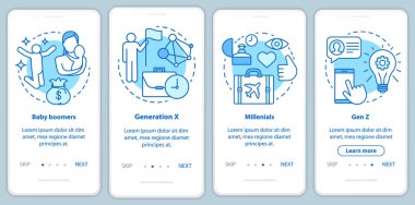 Doğrusal kavramlarla mobil uygulama sayfası ekranında oluşturma. X kuşağı ve milenyumlar. Bebek boomers adımları grafik talimatları walkthrough. Ux, Ui, Gui vektör şablonu çizimleri ile