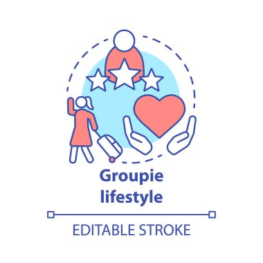 Groupie yaşam tarzı kavramı simgesi. Ünlü fikir ince çizgi illüstrasyon aşağıdaki kişisel kazanç arayışı. Saplantılı hayranlık, müzisyene bağlılık. Vektör yalıtılmış anahat çizimi. Kullanılabilir kontur