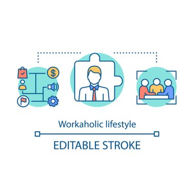 İşkolik yaşam tarzı kavramı simgesi. İş bağımlılığı fikir ince çizgi illüstrasyon. İş yönetimi. Fazla mesai, programın gerisinde olmak. Vektör yalıtılmış anahat çizimi. Kullanılabilir kontur