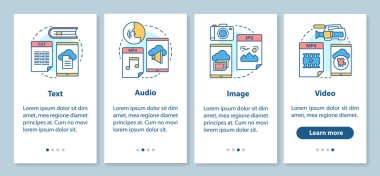 Doğrusal kavramlarla mobil uygulama sayfası ekranında dijital kütüphane içeriği. Ses, görüntü, video ortam türleri 4 walkthrough adımları grafik talimatları. Ux, Ui, Gui vektör şablonu çizimleri ile