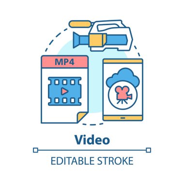 Video kavramı simgesi. Çekim film fikri ince çizgi illüstrasyon. Videoklipler, filmler, medya dosyaları. Video kaydı, film, video prodüksiyon ve film yapımı. Vektör yalıtılmış anahat çizimi. Kullanılabilir kontur
